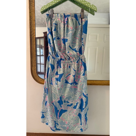 Lilly Pulitzer Strapless Mini Dress Blue Pink Floral Shells Elastic Waist - Picture 1 of 5